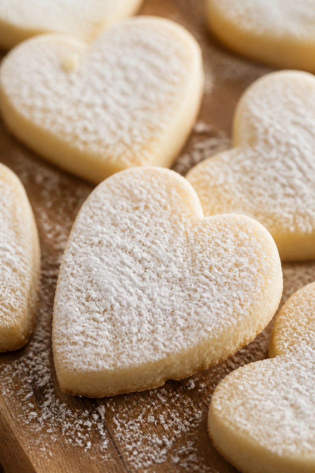 Vanilla shortbread hearts with powdered sugar on a wooden surface.