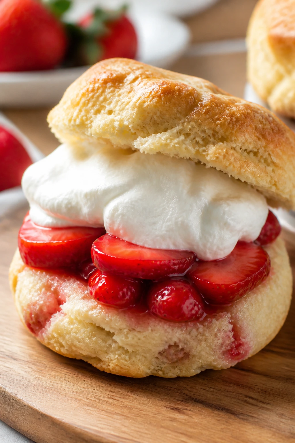 Close-up of a split strawberry shortcake biscuit with berries and cream