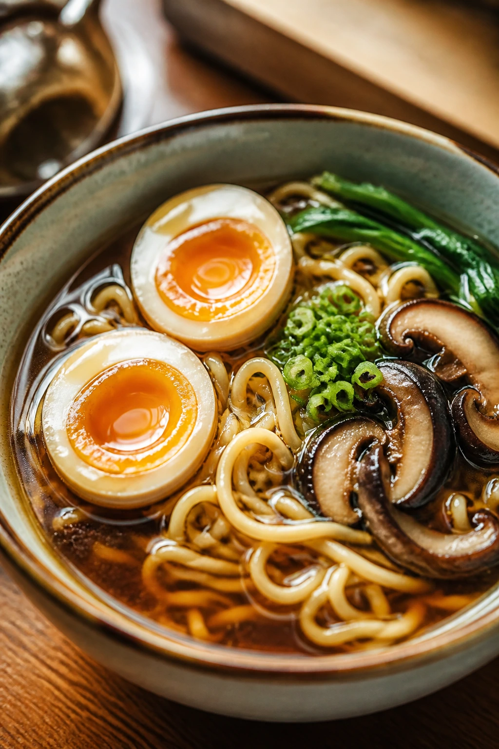 Close-up of shoyu ramen with soft eggs in a bowl.