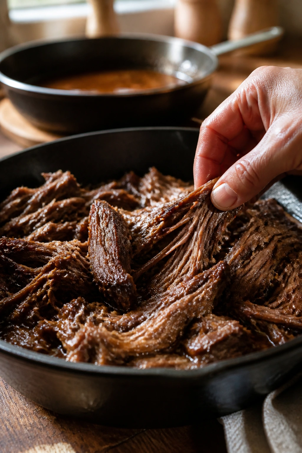 Close-up of shredded beef finishing in a skillet with glossy braise
