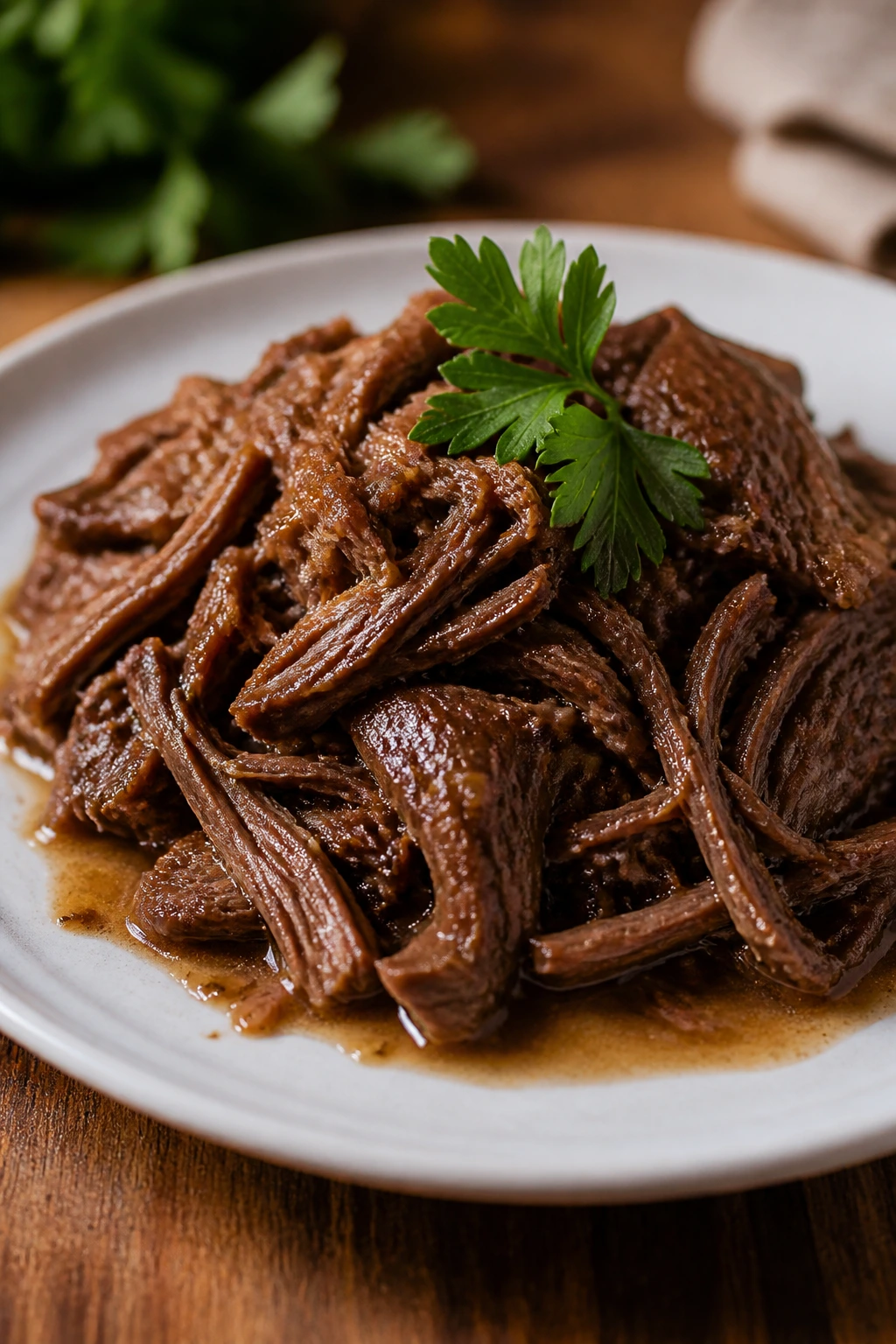 Neatly plated shredded beef with light sauce and parsley