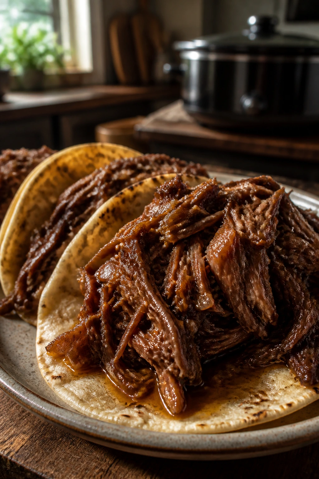 Close-up of shredded beef taco on rustic plate with tender beef filling