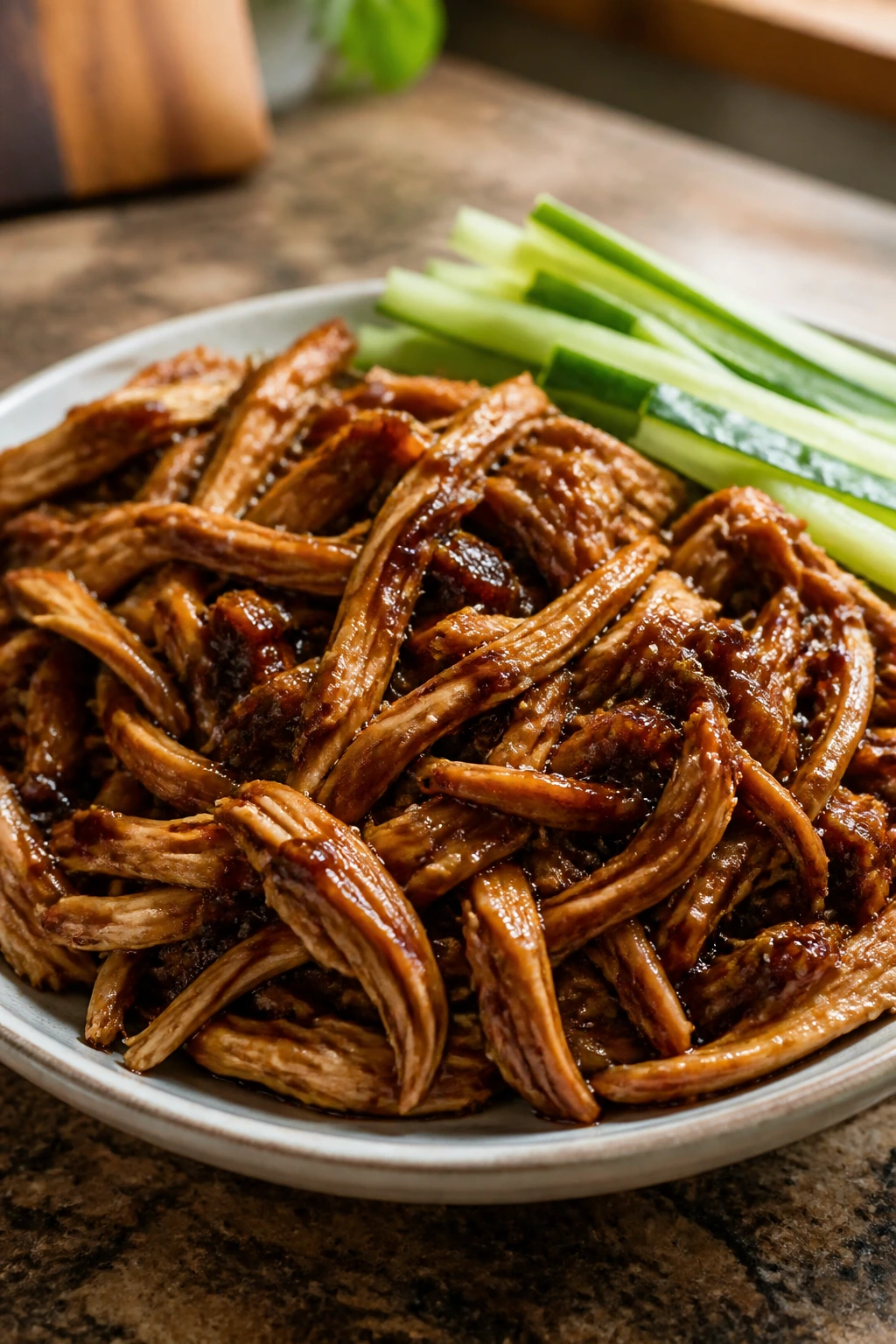 Shredded chicken in hoisin glaze with cucumber on plate in a warm kitchen