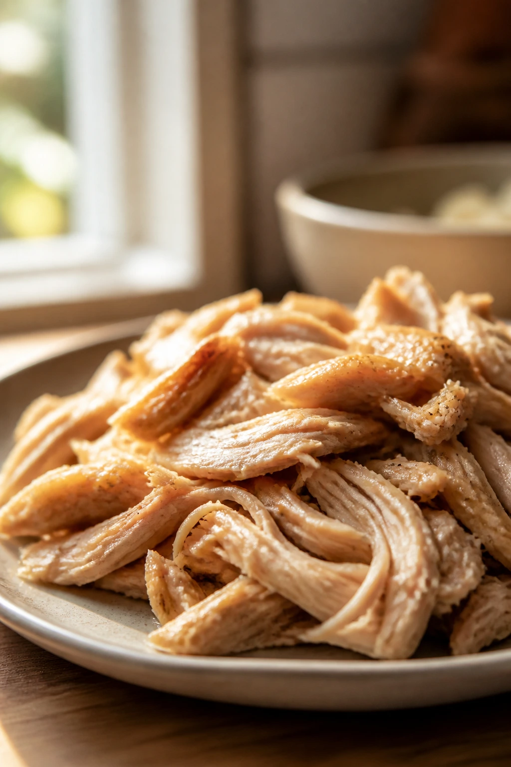 Close-up of shredded chicken on a plate, tender and lightly glazed
