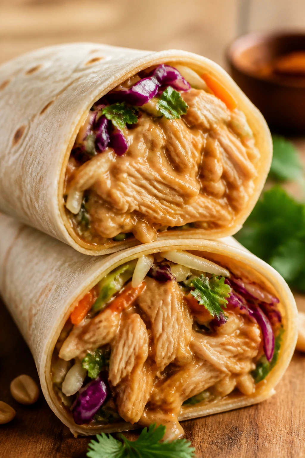 Close-up of a Thai peanut chicken wrap half showing chicken and cabbage with peanut sauce