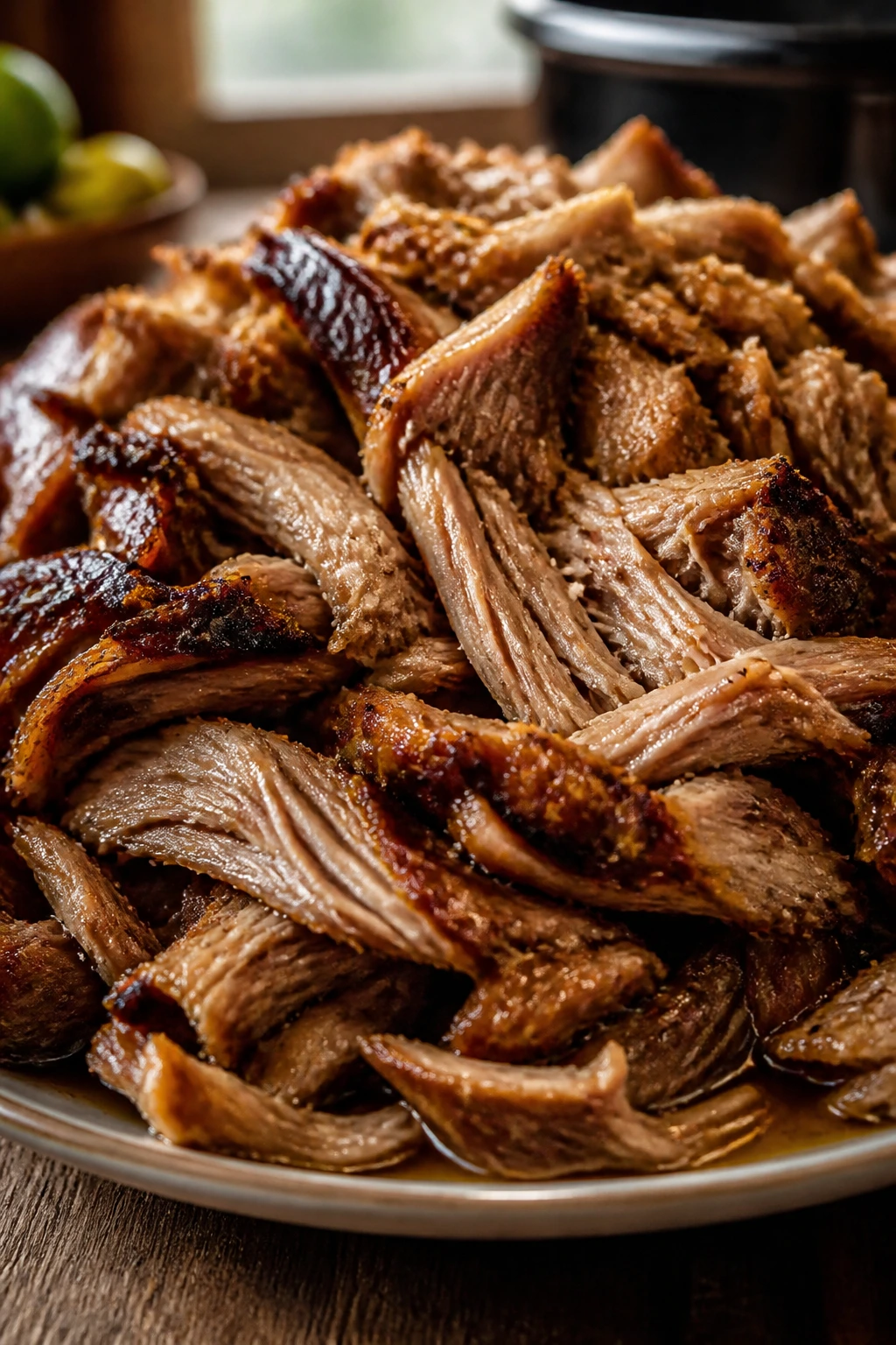 Plate of shredded pork carnitas with crispy edges