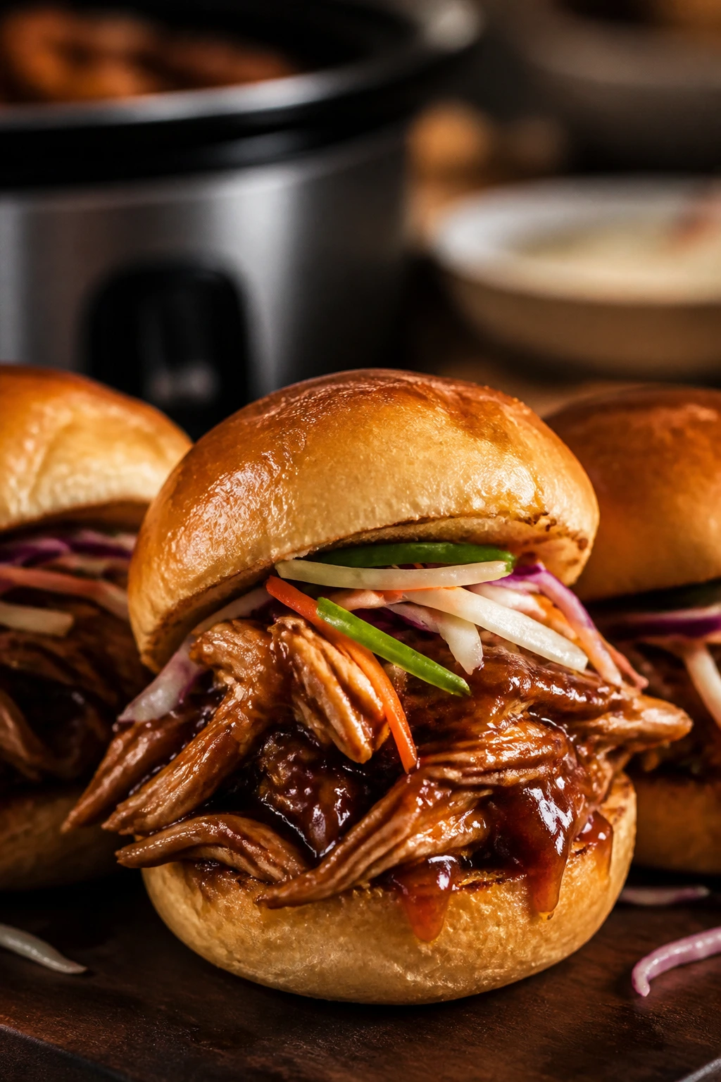Close-up of shredded teriyaki chicken slider with glossy glaze on a toasted bun