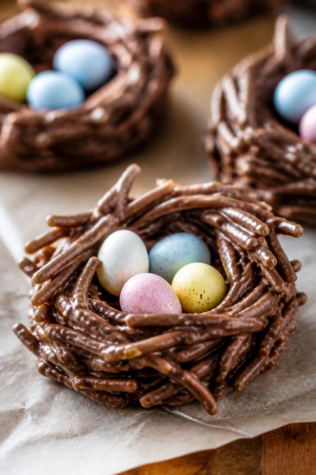 Close-up of shredded-wheat chocolate nests with candy eggs on parchment