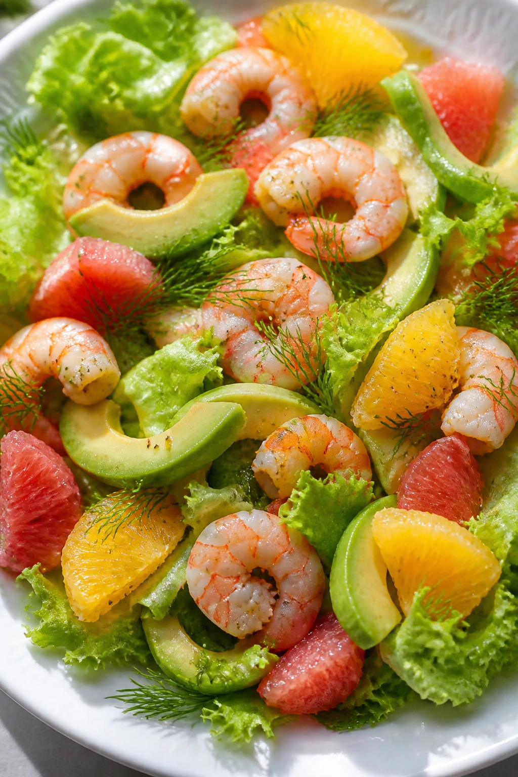 Close-up of Shrimp Avocado Citrus Salad on a sunny plate.