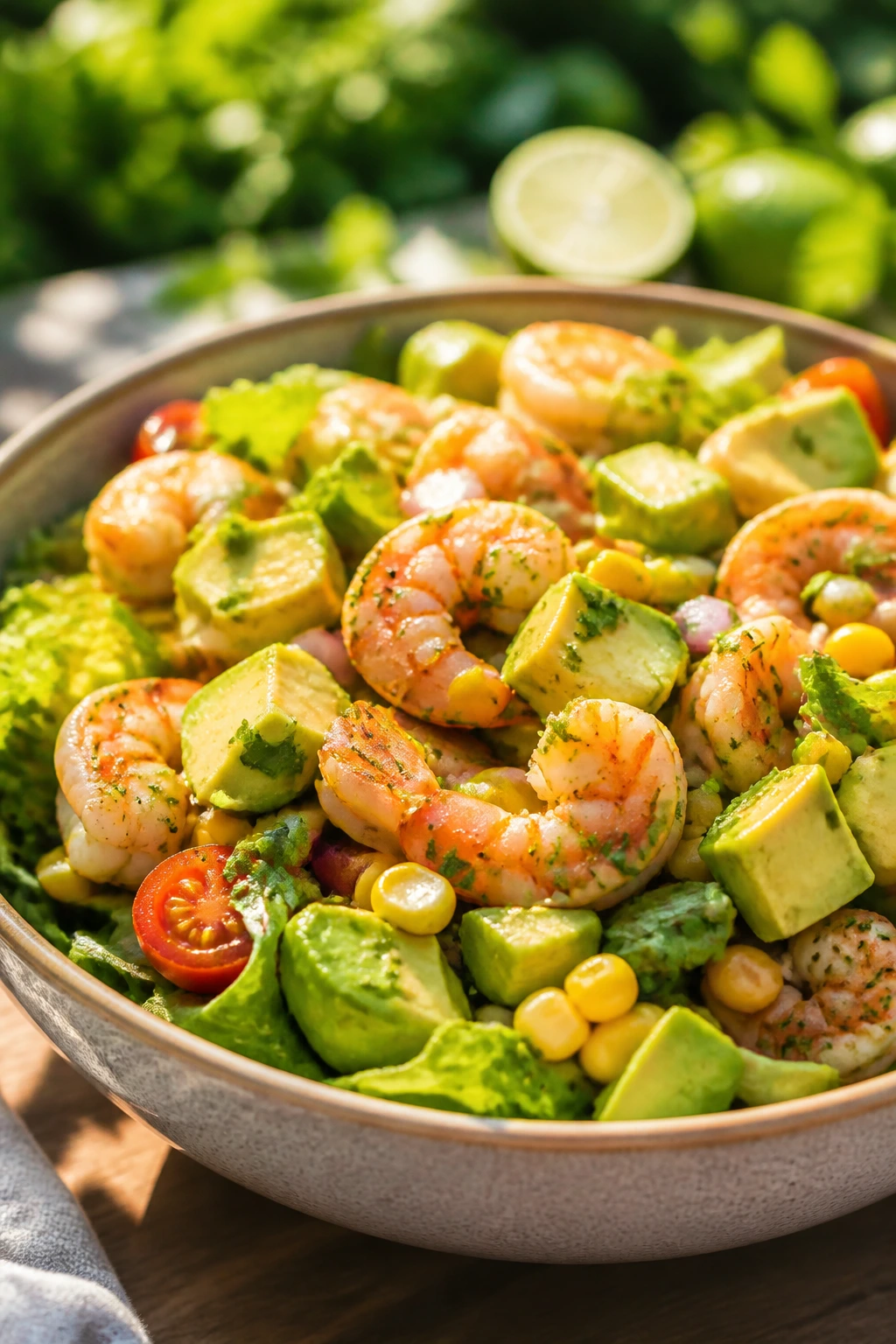 Shrimp avocado corn salad with lime and cilantro in a bowl