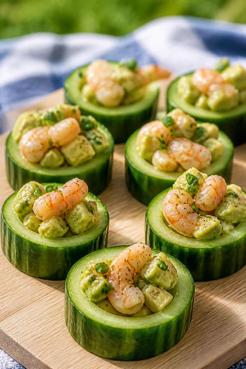 Cucumber cups filled with shrimp and avocado on a wooden board outdoors