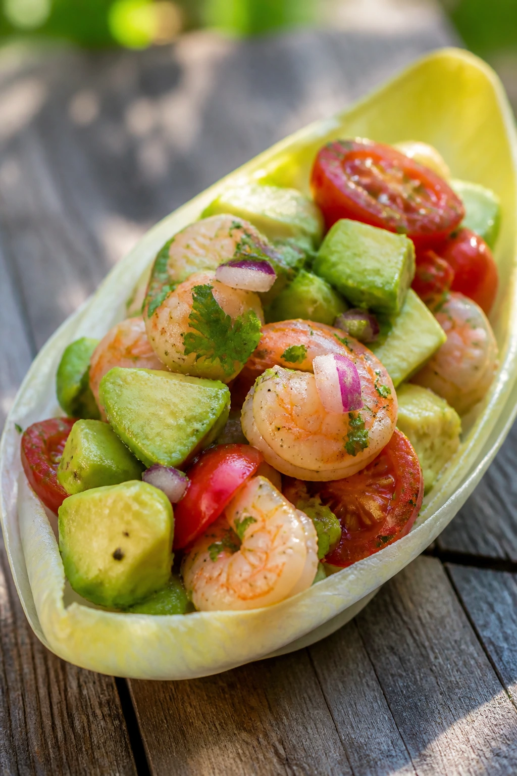 Close-up of a shrimp avocado salad cup on endive leaf for picnics