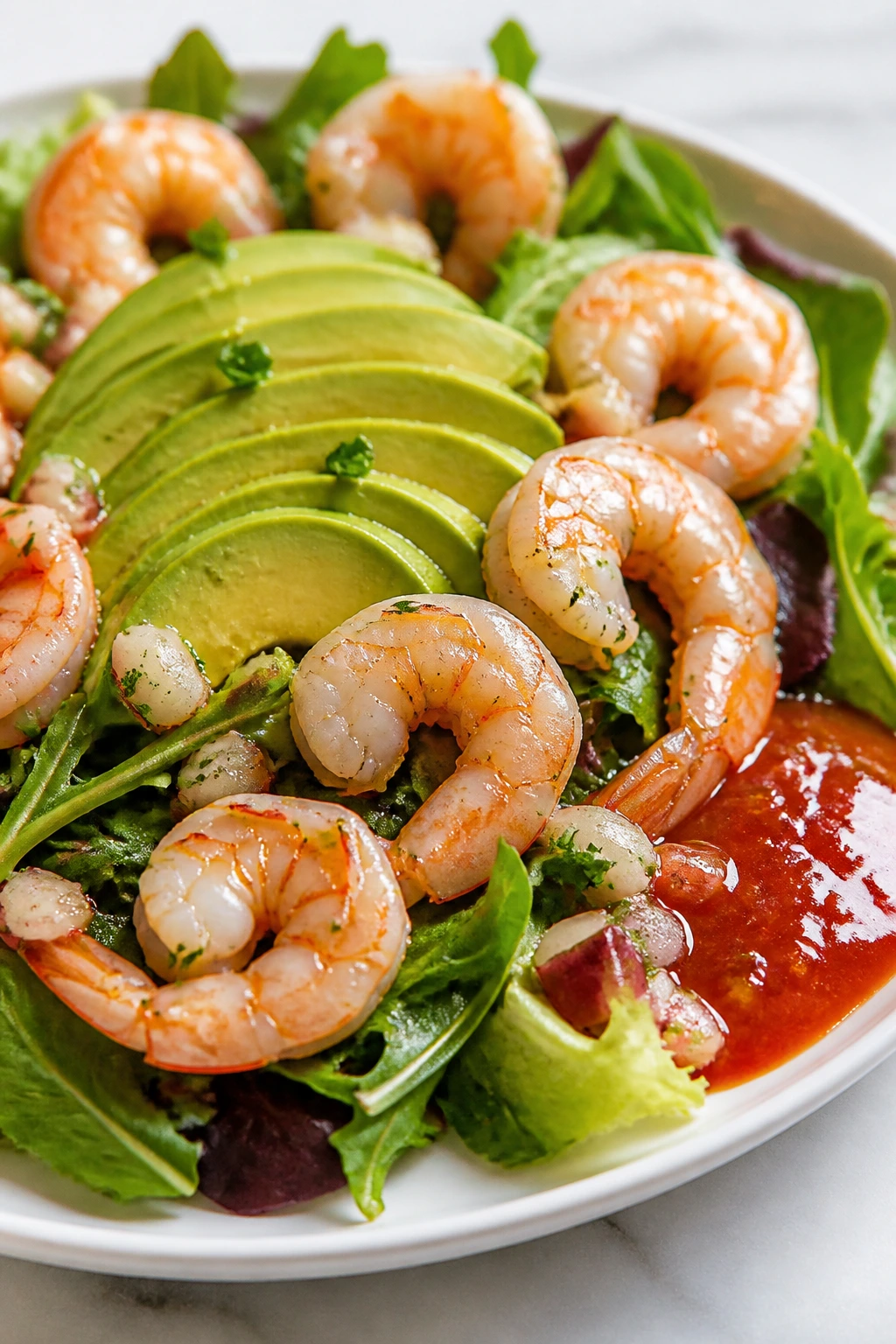 Shrimp surrounding avocado slices on a bed of greens on a white plate