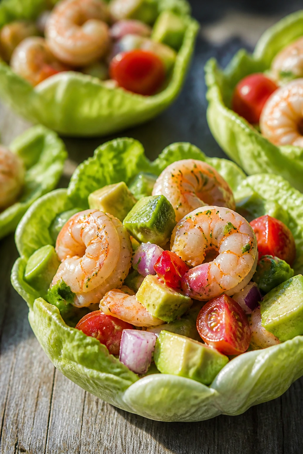 Close-up of shrimp and avocado salad in a lettuce cup with lime dressing
