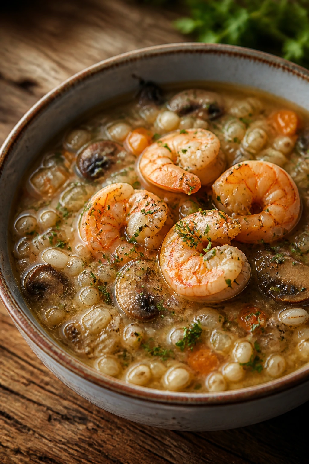 Hearty barley soup with shrimp and herbs in a bowl