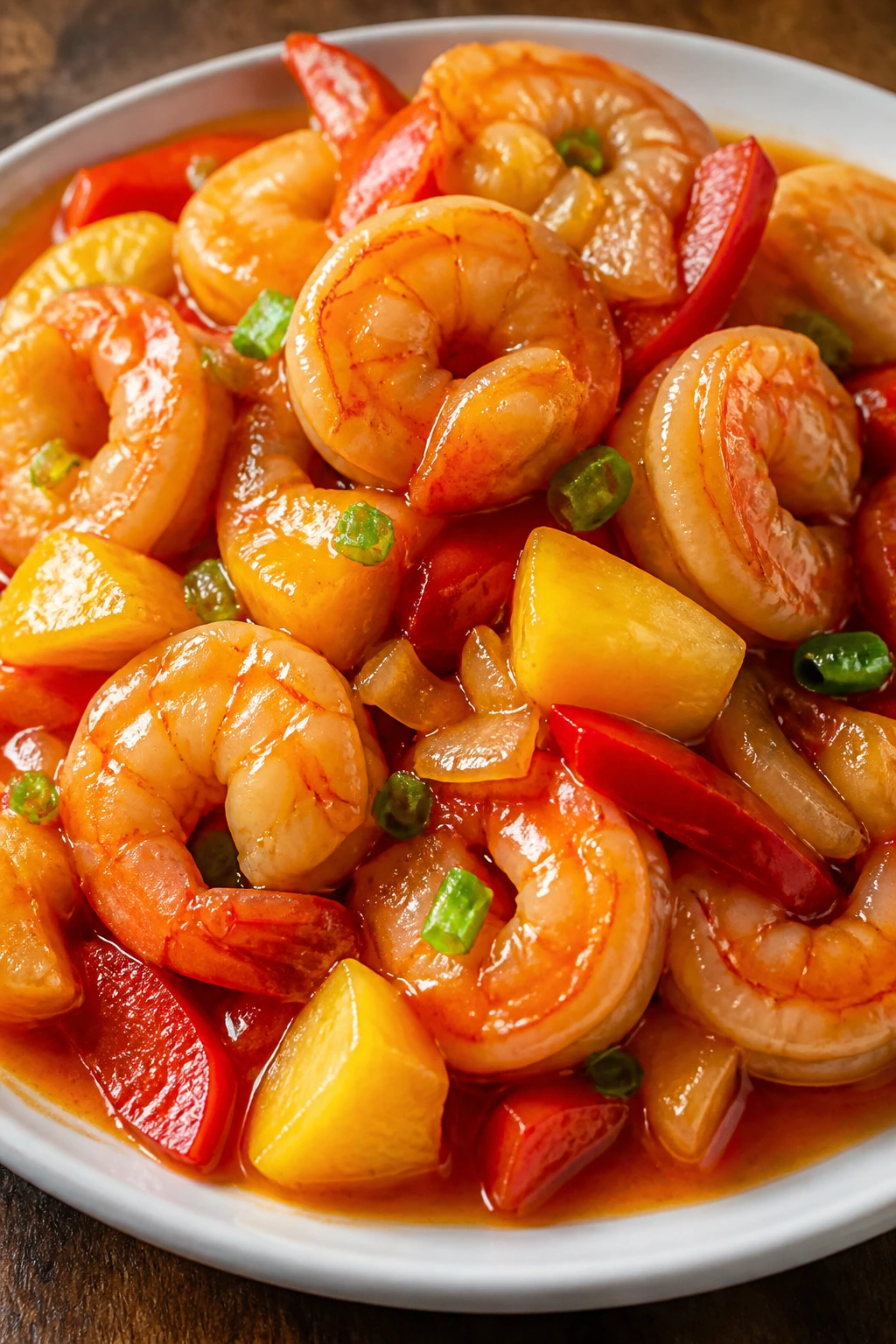 Close-up of Sweet and Sour Shrimp Stir-Fry with shrimp bell pepper and pineapple on plate