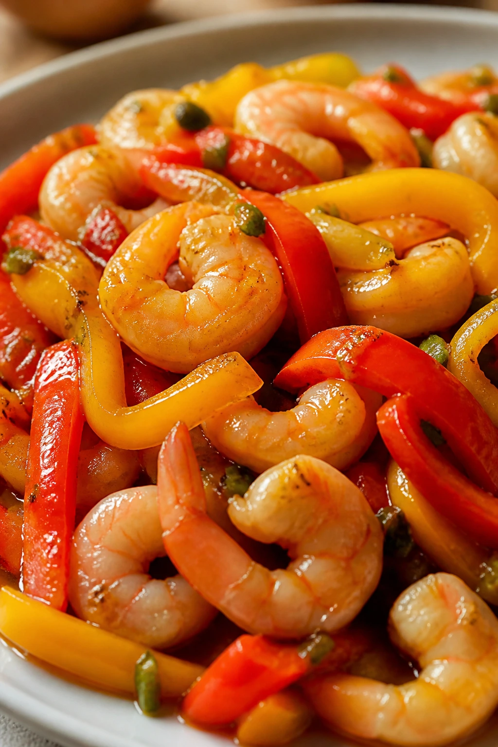 Close-up of shrimp and colorful bell peppers in glossy sauce