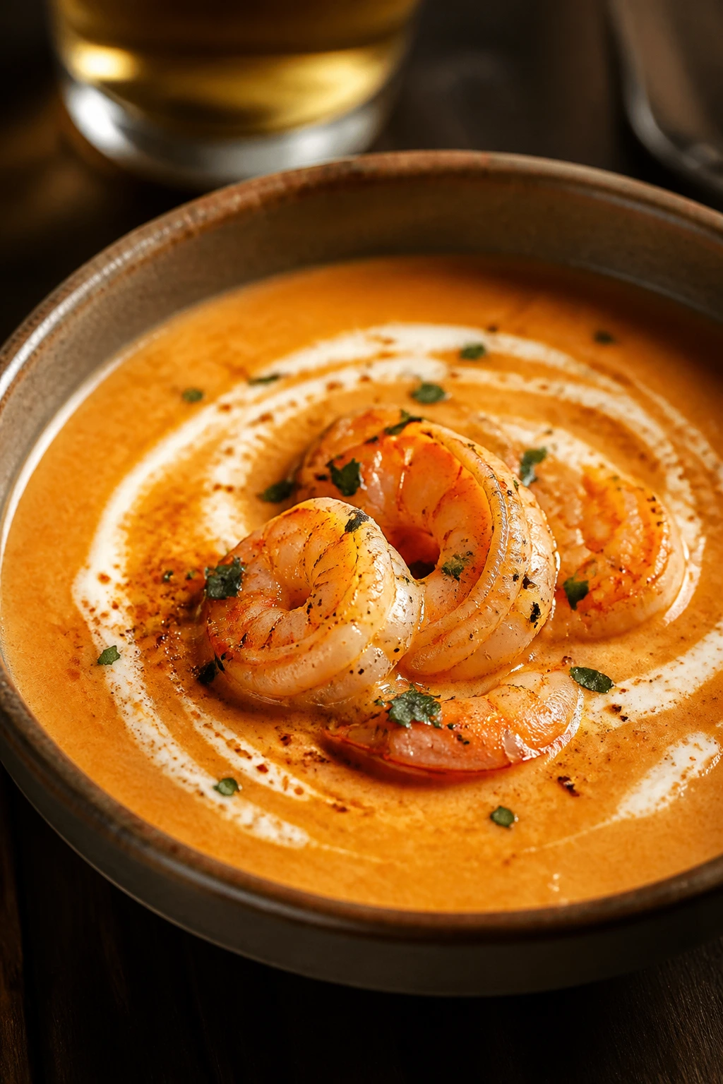Velvety shrimp bisque with sherry in a bowl