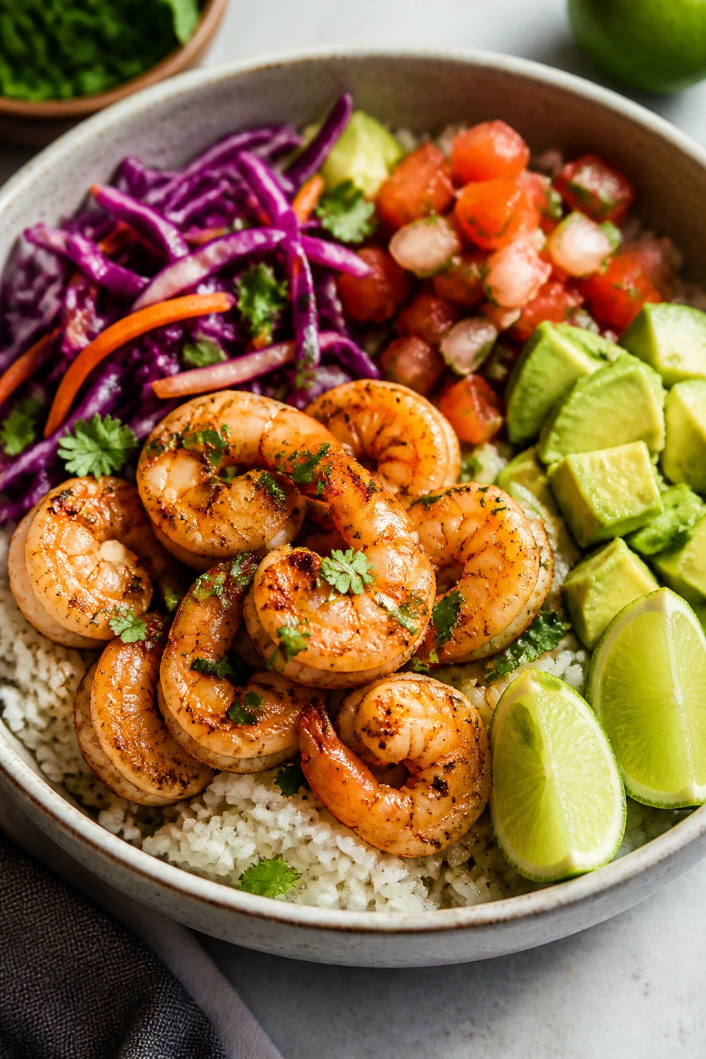 Shrimp taco bowl with rice, cabbage, avocado and salsa in a kitchen