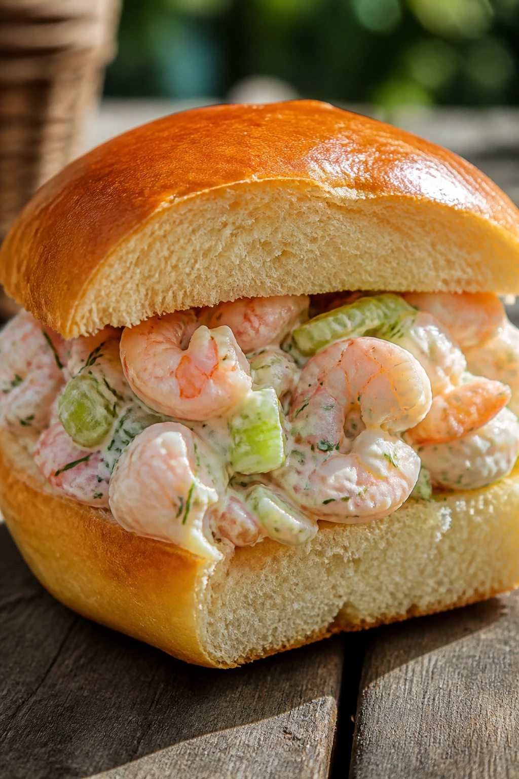 Close-up of Shrimp Salad Brioche Roll on a picnic table