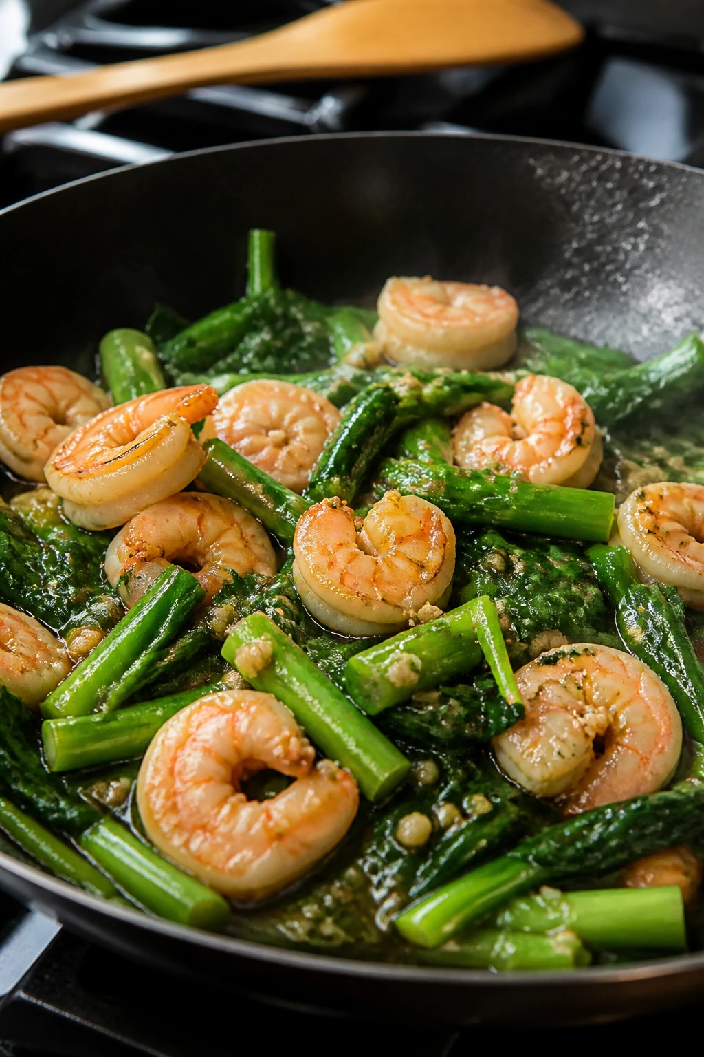 Close-up of garlic shrimp and Chinese broccoli stir-fry in oyster sauce in a wok