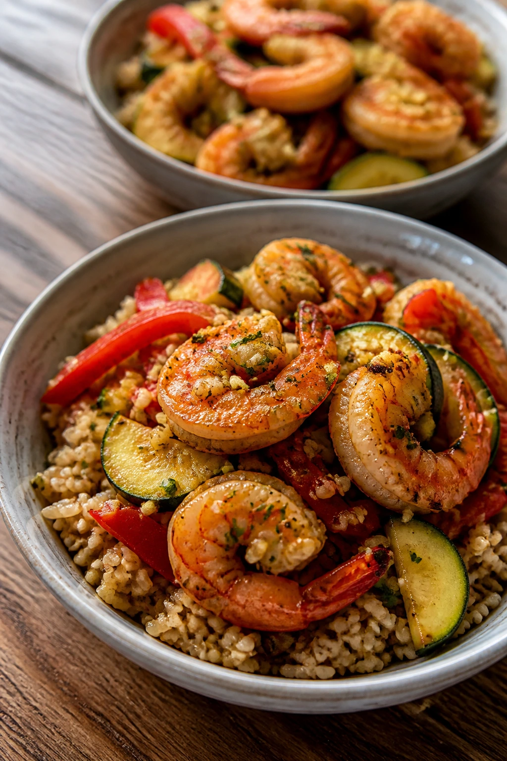 Garlic shrimp over brown rice in two bowls on a wooden table