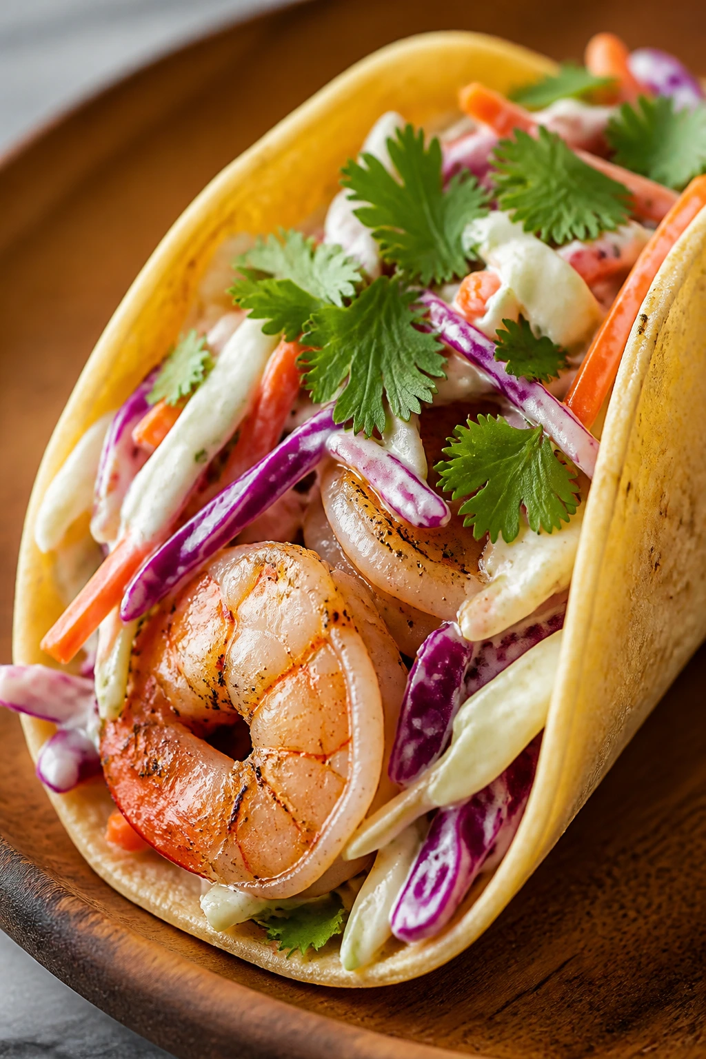 Close-up of shrimp taco with cabbage slaw on a wooden plate