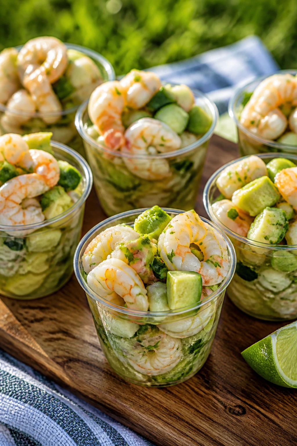 Close-up of bright shrimp avocado ceviche cups on a rustic picnic board