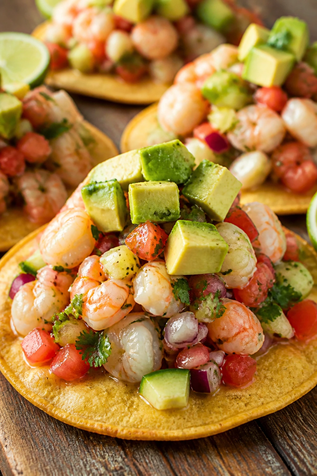 Close-up of shrimp ceviche tostadas with avocado on a wooden table