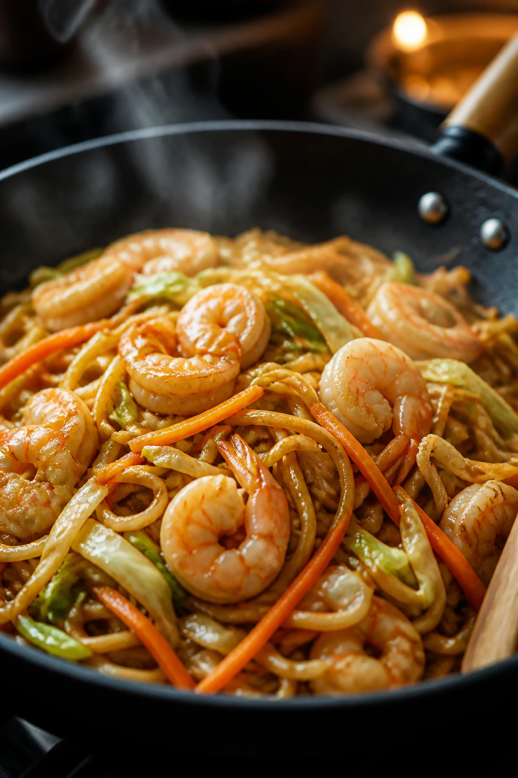 Close-up of shrimp chow mein with cabbage and carrots in a hot wok