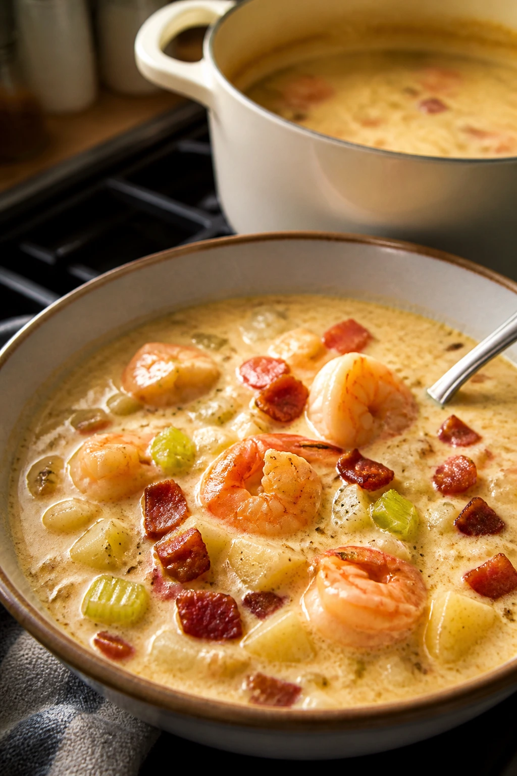 Creamy shrimp chowder with bacon and celery in a bowl