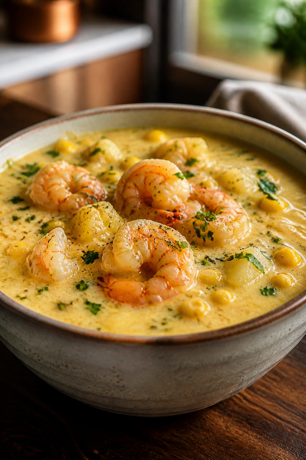 Close-up of creamy shrimp corn chowder in a rustic bowl on a wooden table