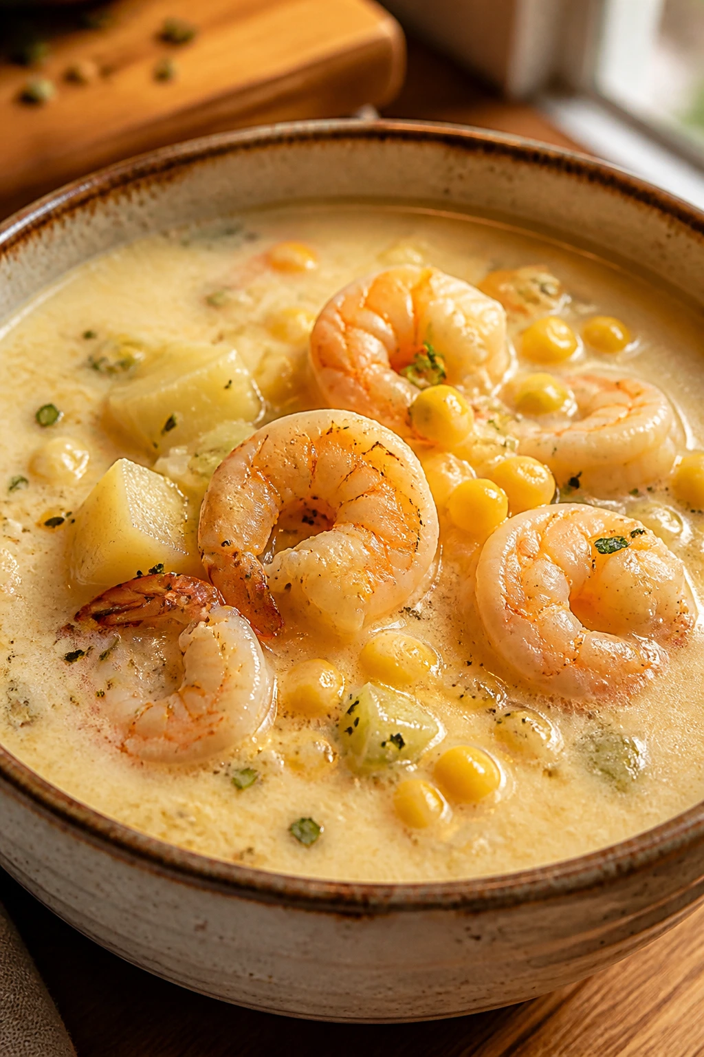 Close-up of Creamy Shrimp Corn Chowder in a rustic bowl on a wooden counter