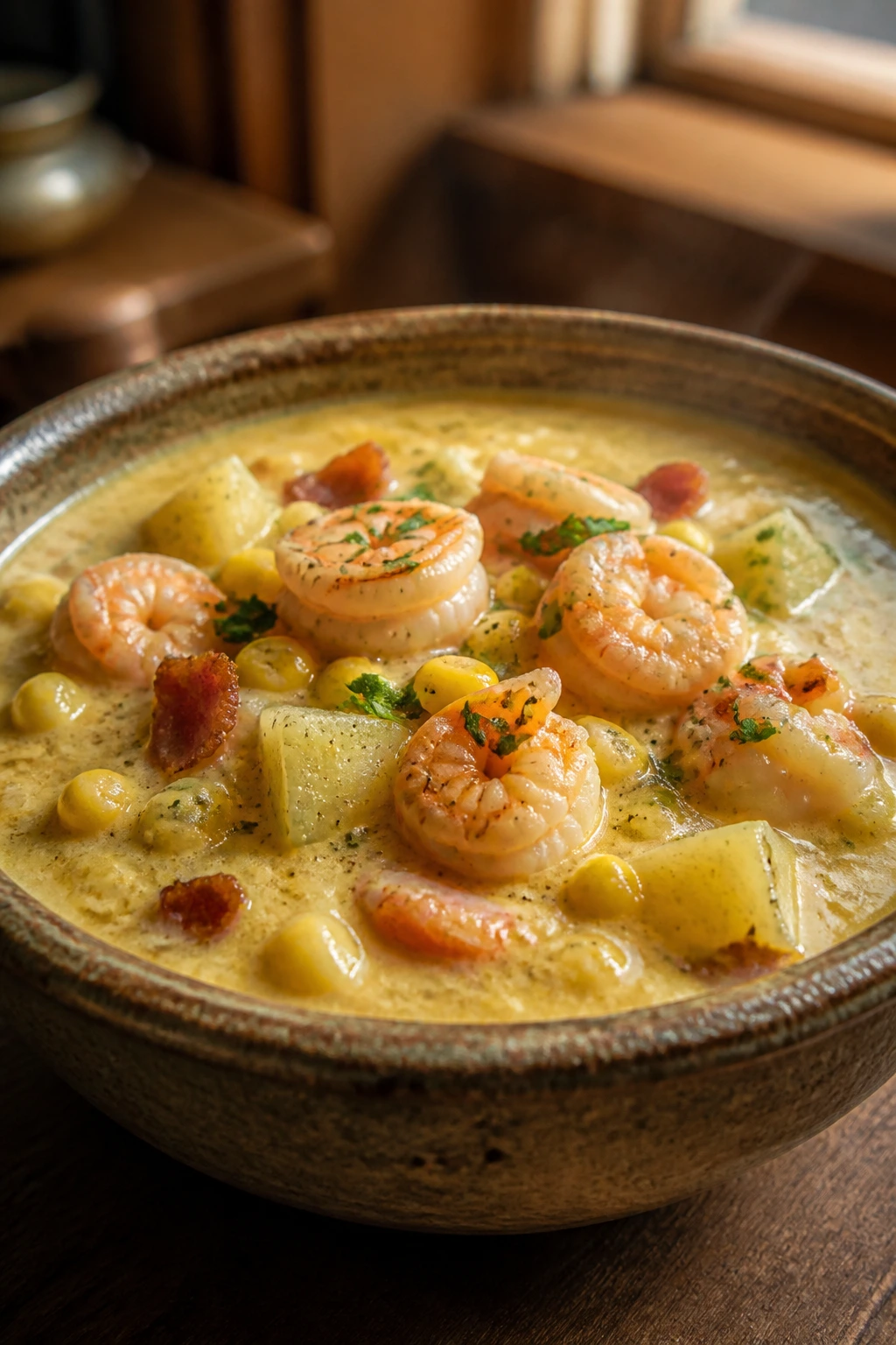 Close-up of creamy shrimp corn chowder in a rustic bowl with corn and potatoes