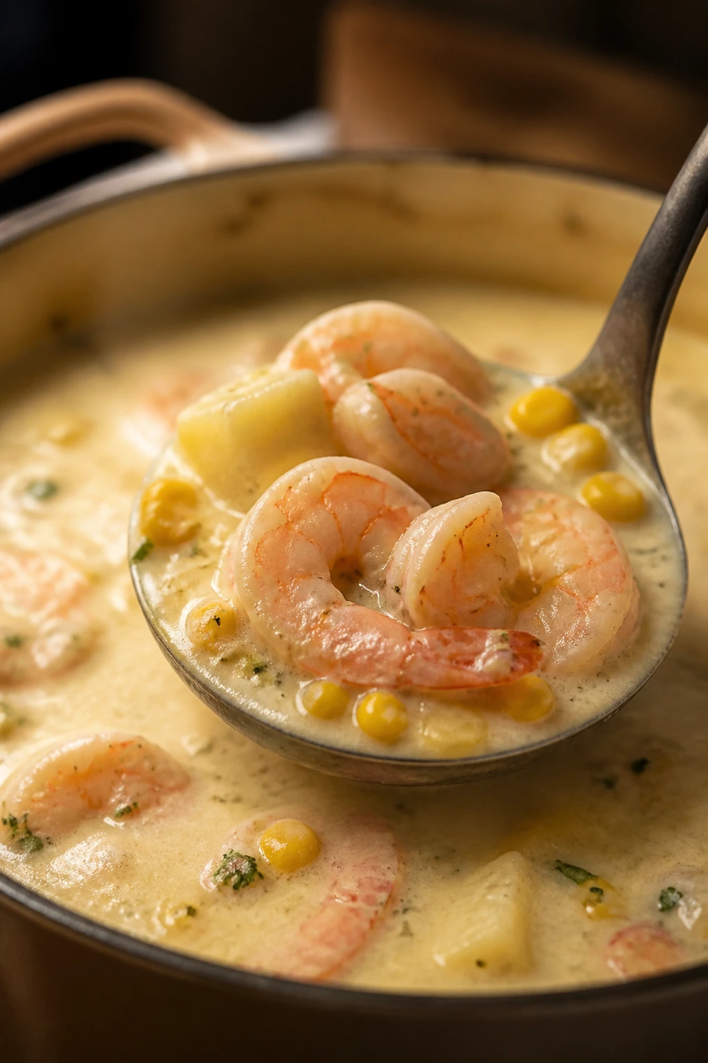 Close-up of shrimp added to creamy chowder with corn and potatoes