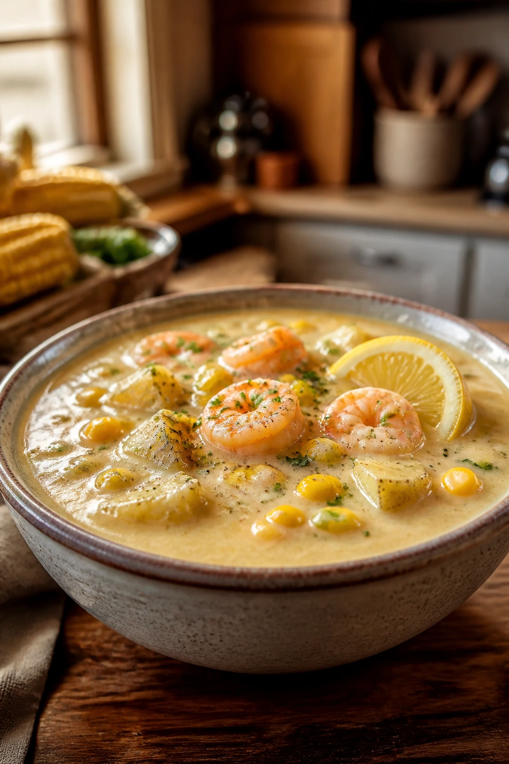Steaming bowl of creamy shrimp corn chowder with potatoes and corn