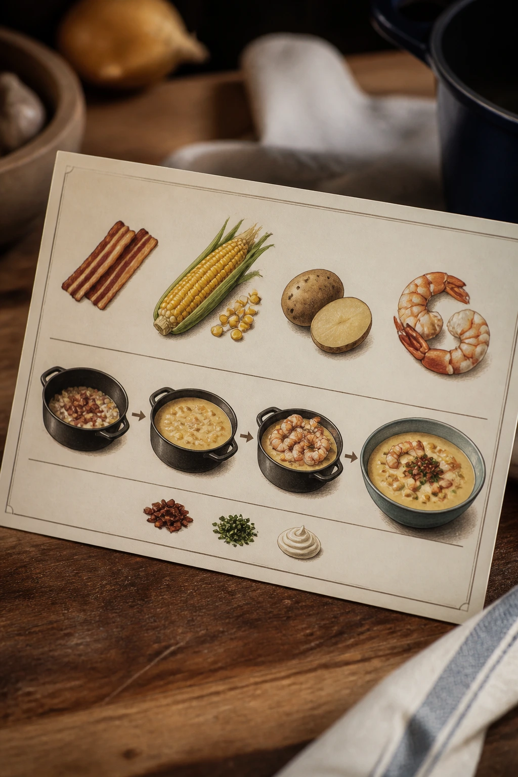 Stylized recipe-card depiction with ingredient icons for Smoky Shrimp Corn Chowder