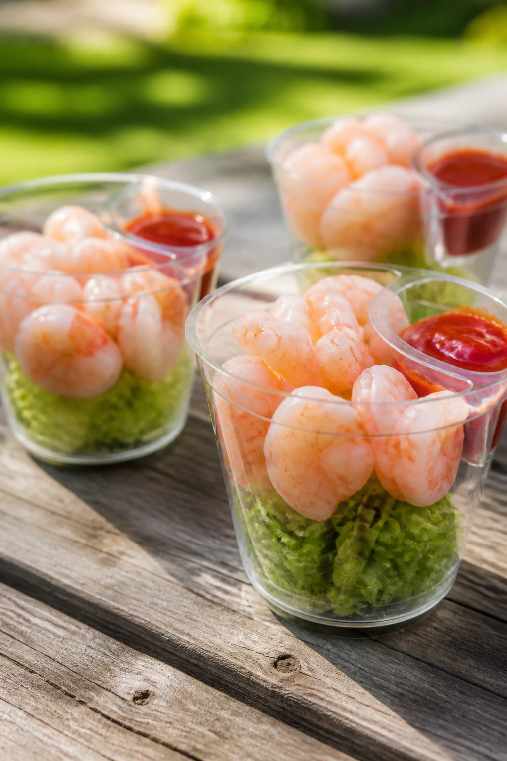 Close-up of shrimp cocktail cups on a picnic setting