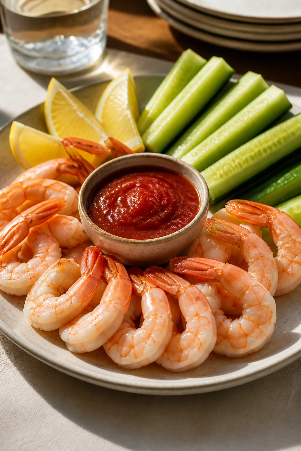 Plate of shrimp cocktail with cocktail sauce and lemon wedges