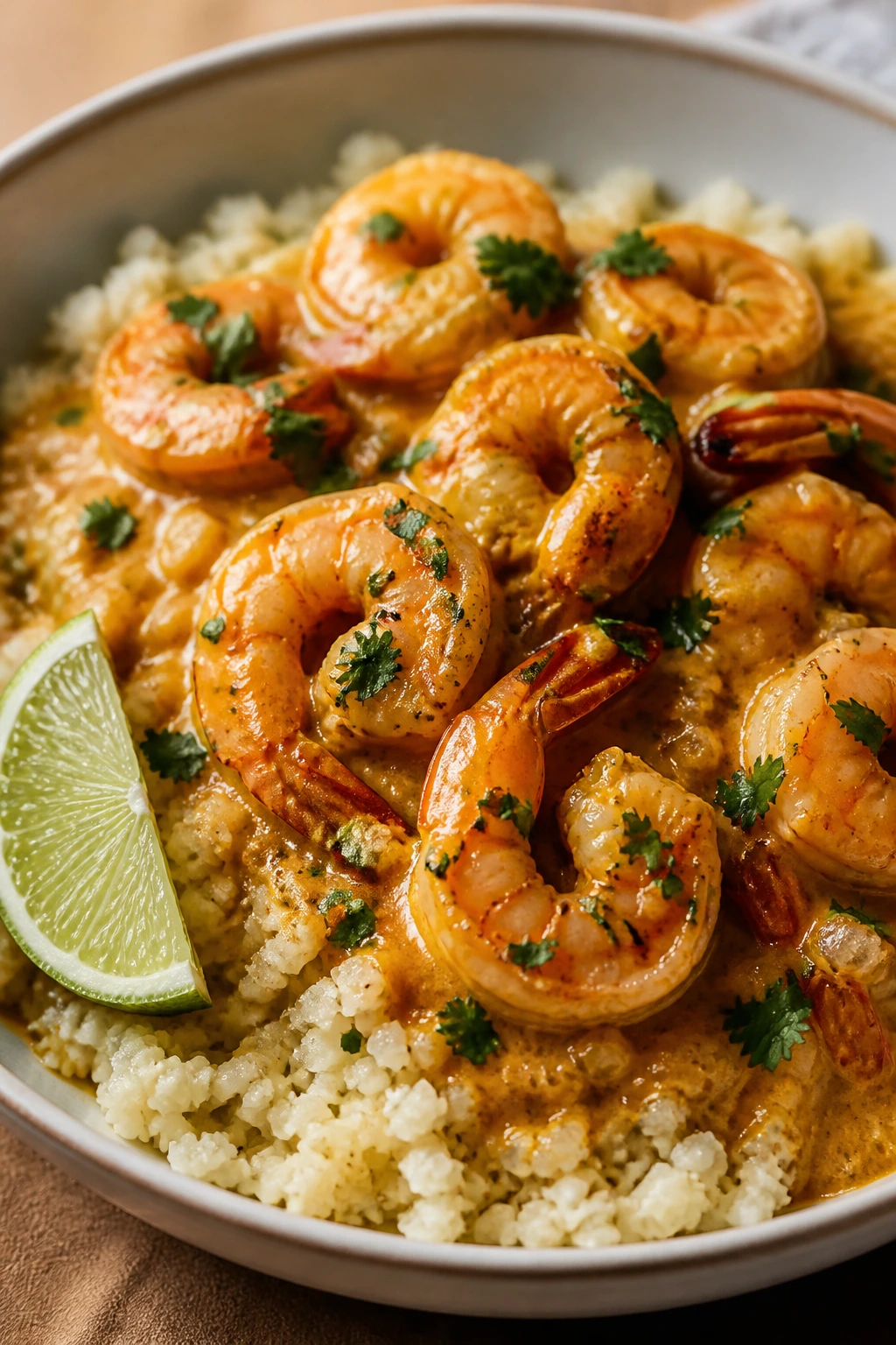 Shrimp in coconut curry over cauliflower rice with lime