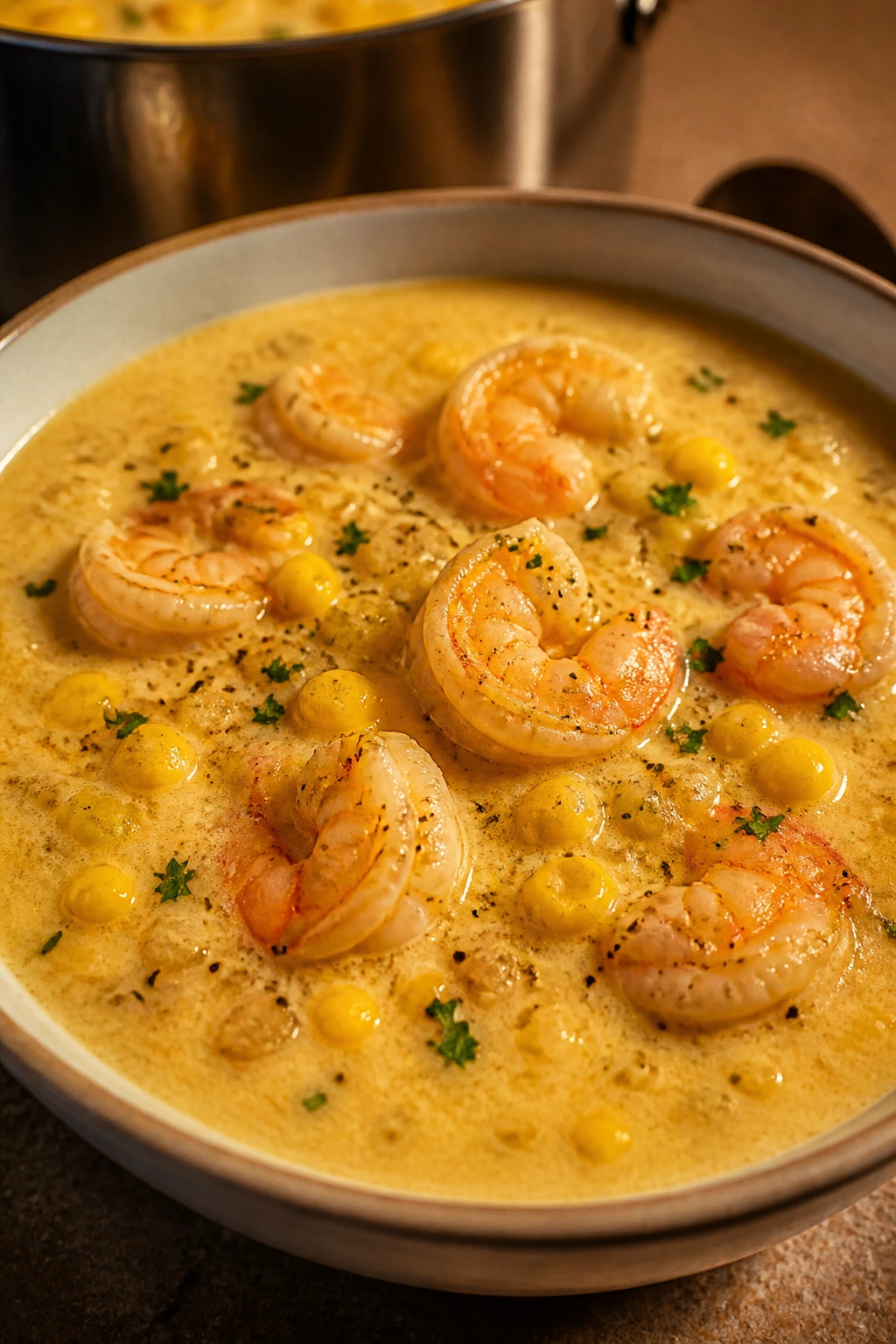 Creamy shrimp and corn bisque in a bowl with shrimp on top