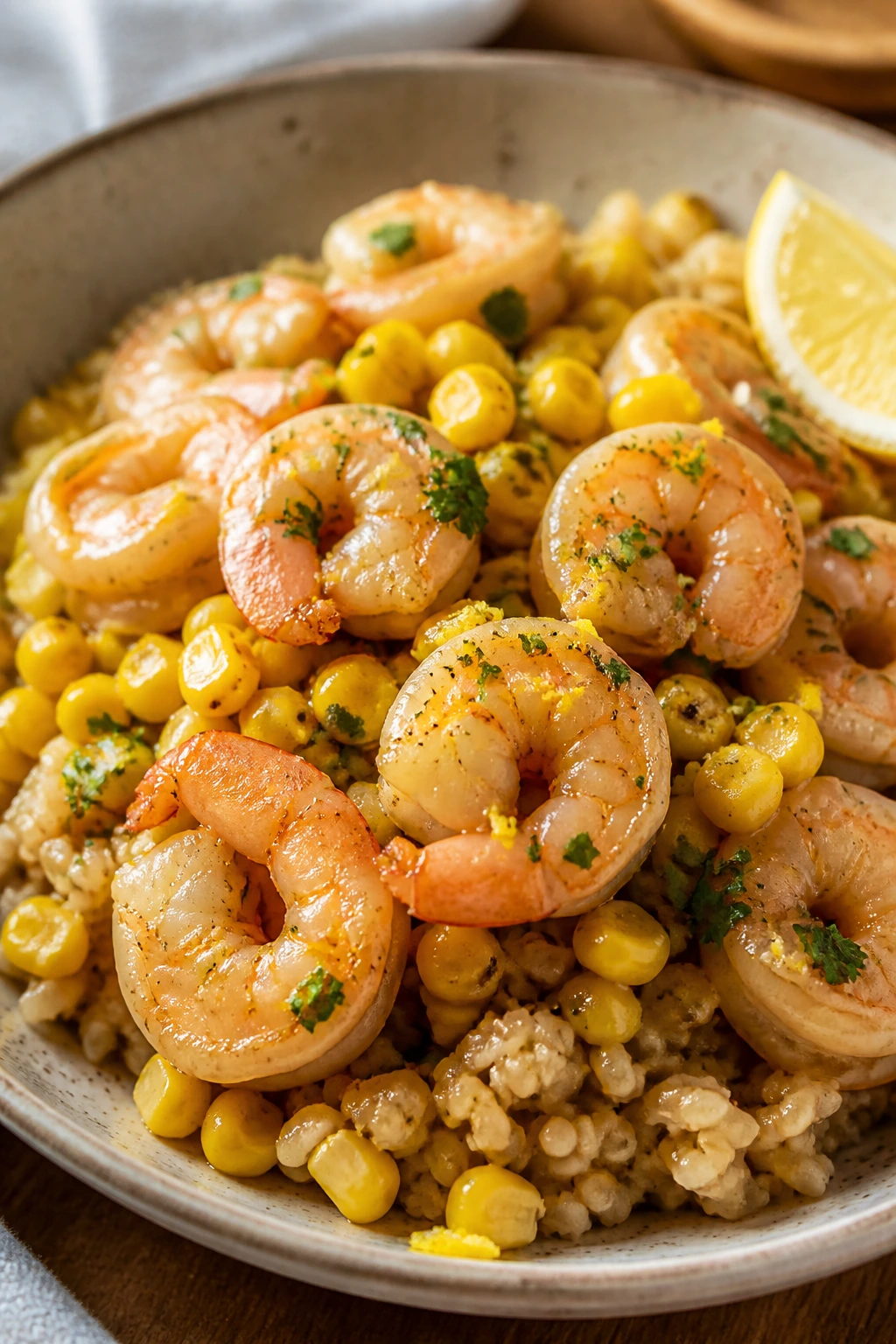 Close-up of garlic butter shrimp with corn over brown rice