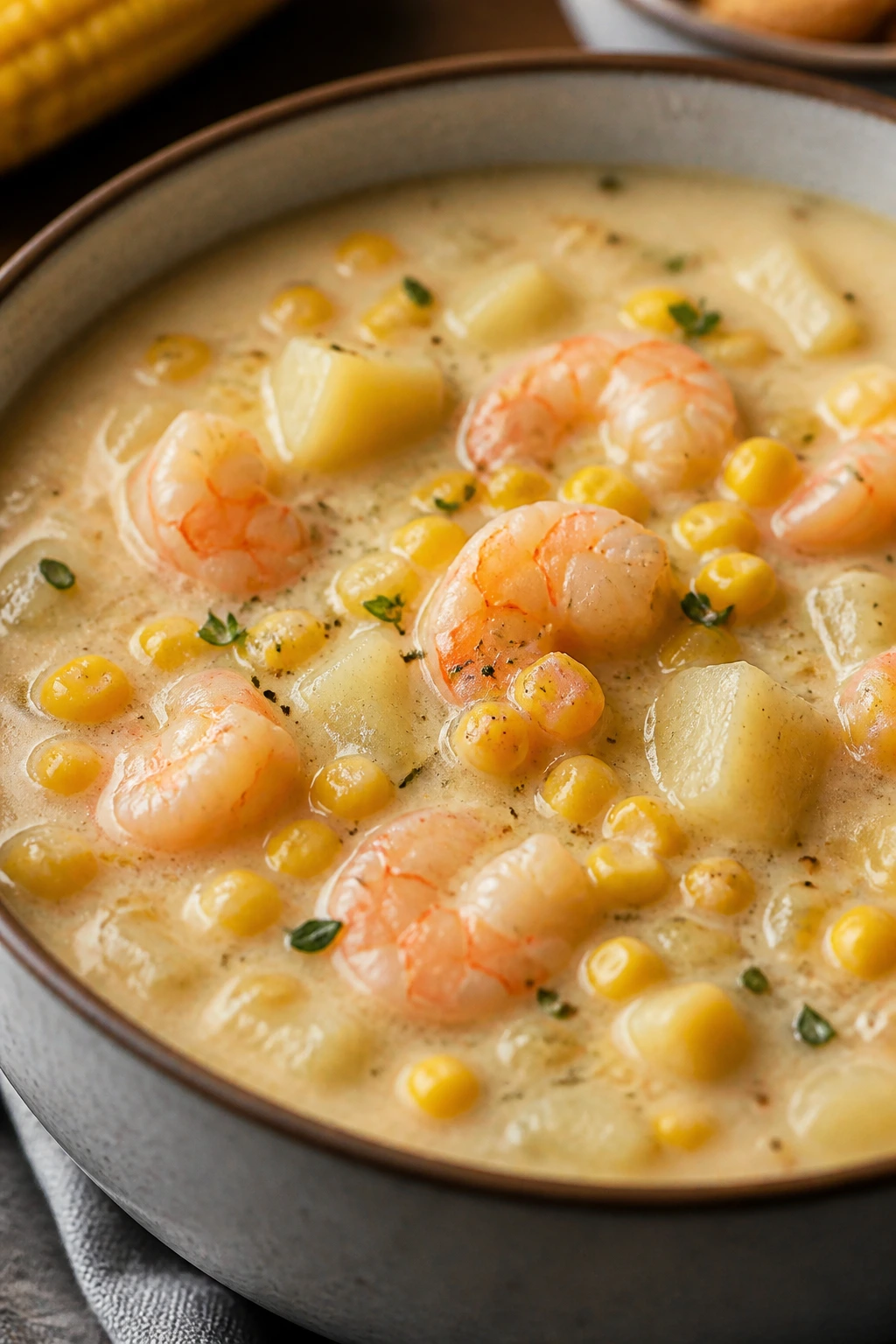 Close-up of shrimp and corn chowder in a bowl.