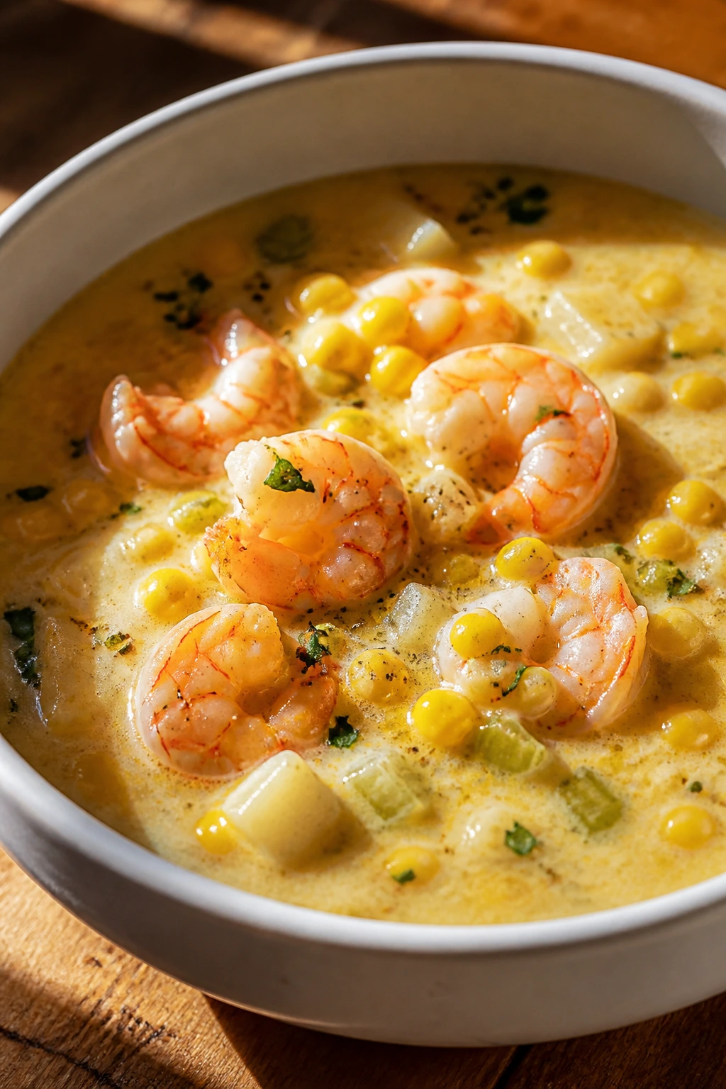 Shrimp and corn chowder with corn kernels and shrimp in a bowl