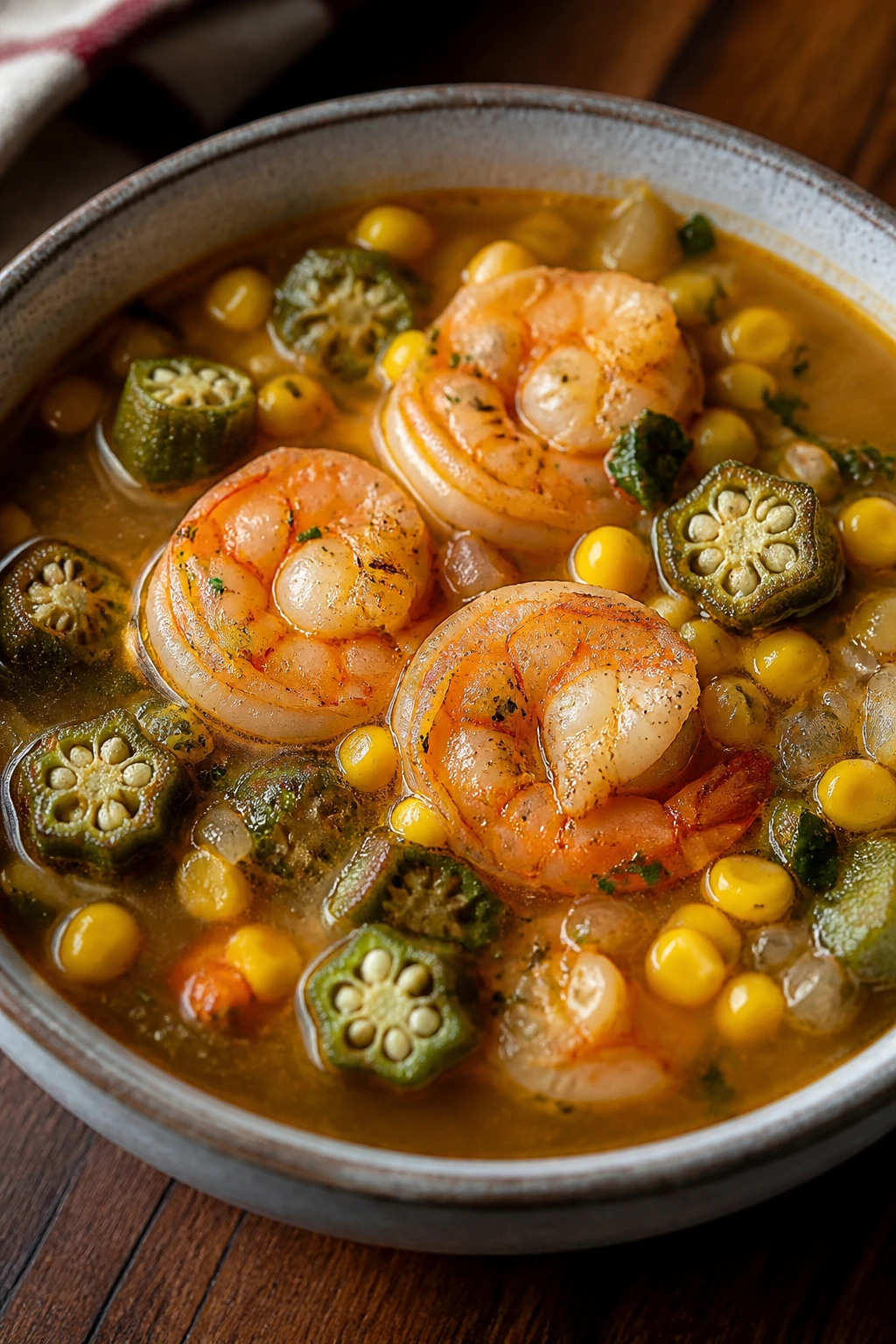 Close-up of Shrimp Corn Okra Soup showing shrimp, corn, and okra