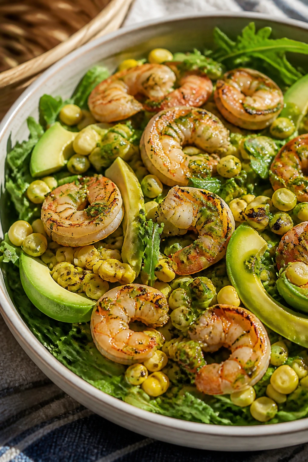 Shrimp and corn salad with lime vinaigrette on an outdoor table