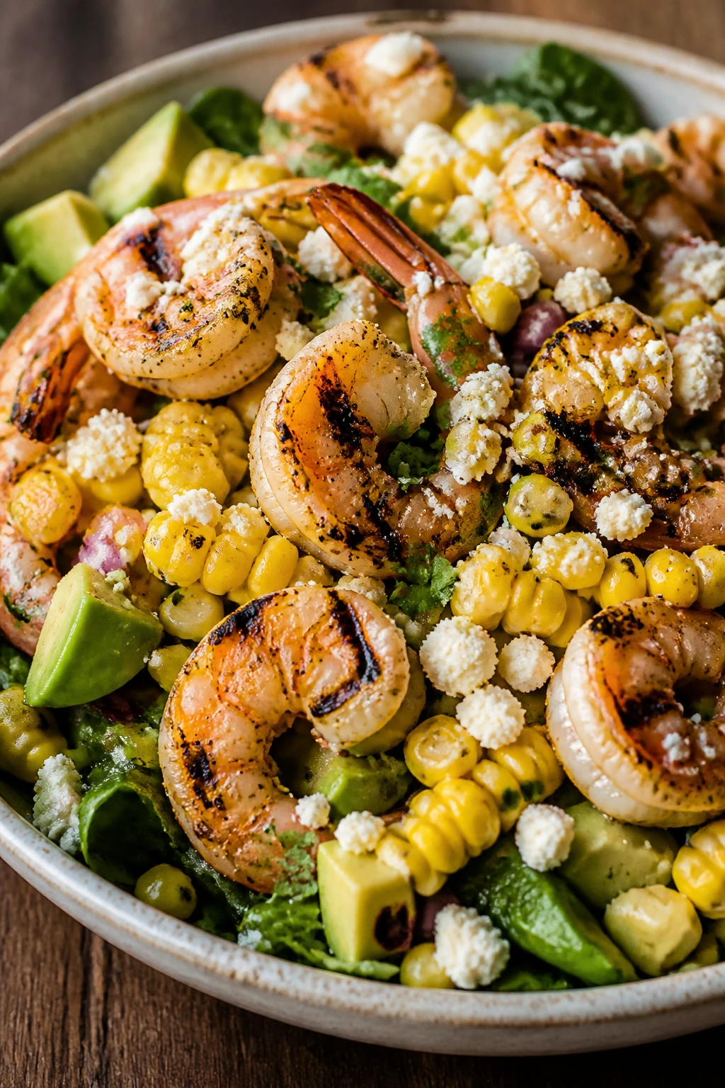 Close-up of shrimp and corn salad with cotija cheese on a plate