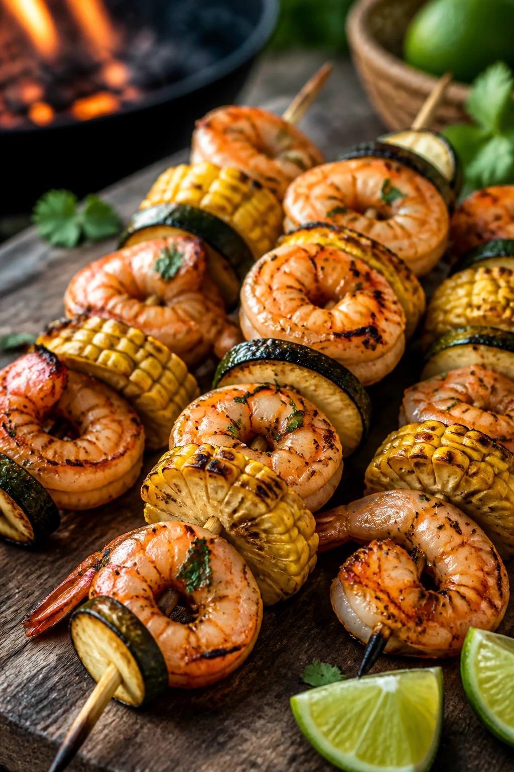 Close-up of chili-lime shrimp and corn skewers on a rustic board