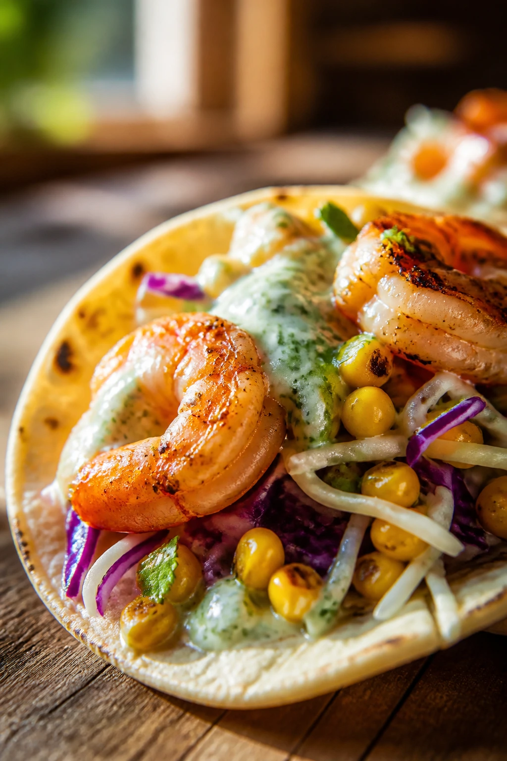 Close-up of shrimp and corn taco with cabbage and yogurt-lime sauce on wooden table