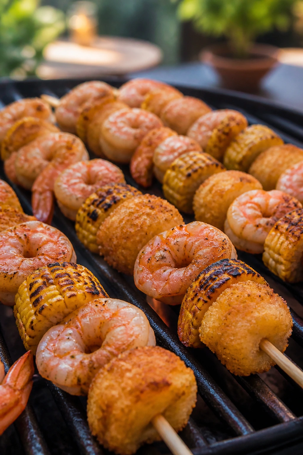 Close-up of shrimp and corn tater tot skewers on a grill